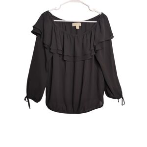 MICHAEL KORS Size Medium Elegant Black Sheer Ruffle Blouse 3/4 Sleeve